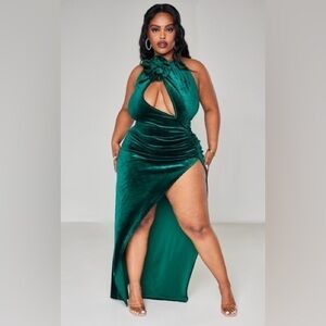 NWT PrettyLittleThing EMERALD GREEN VELVET ROSE DETAIL ASYMMETRIC MIDI DRESS 16